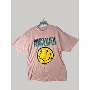 Nirvana Smiley Face Grunge T-Shirt size L/XL Mens Pink yellow  Kurt Cobain Casua